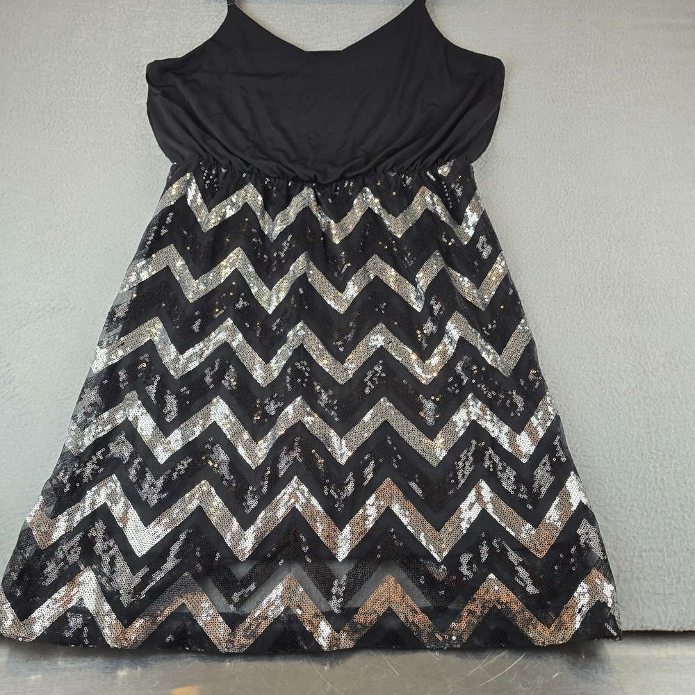 Bailey Blue Mini Dress Women's XL Black Chevron Pleated Sequin Trimmed Pullover